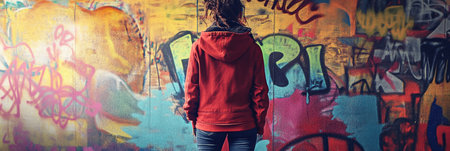 Youthful protesters gather in an urban setting, showing their passion for social change against a colorful graffiti backdrop featuring political slogans.の素材