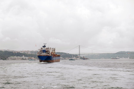 A cargo ship moves across the Bosphorus strait under a notable bridge, surrounded by other vessels and lush hills, capturing the maritime culture of Istanbul.の写真素材