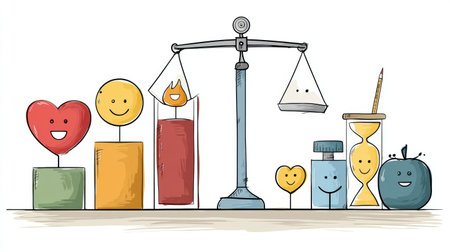 Brightly colored icons represent joy and vitality, balanced on a health scale, highlighting the importance of emotional well-being and life satisfaction.の素材