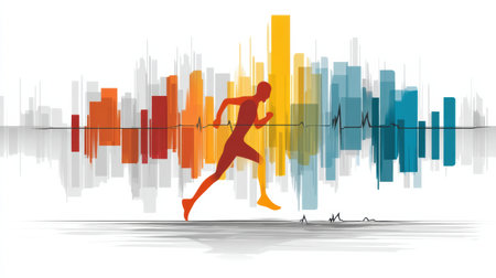 A runner moves swiftly, leaving a colorful trail that symbolizes health and vitality, surrounded by energetic shapes in various colors.の素材