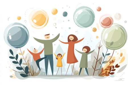 Family members express joy and togetherness while surrounded by vibrant bubbles representing health and happiness in a lively outdoor environment.の素材