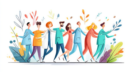 A diverse healthcare team shows unity and teamwork, supporting one another against a vibrant nature backdrop.の素材