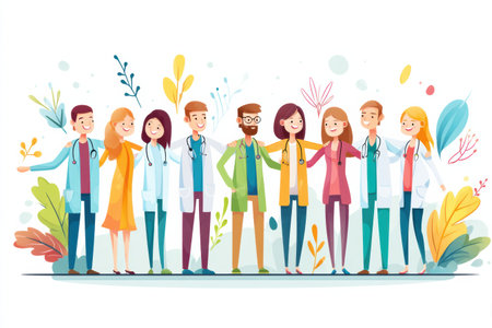 A diverse healthcare team stands together, joyfully showing their unity and dedication to patient care in a bright and colorful illustration.の素材