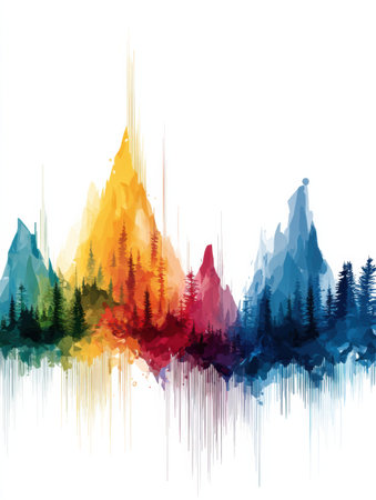 Colorful waveform represents vitality, flowing harmoniously through majestic mountain silhouettes and surrounding evergreen trees under serene skies.の素材