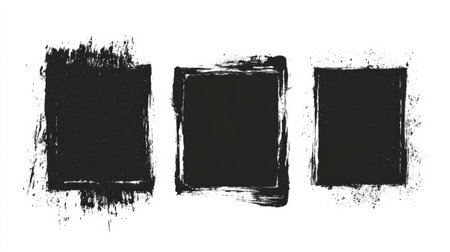 Black rough edge rectangles are arranged in a series, creating grunge square frames ideal for various creative design projects and artistic collages.の素材