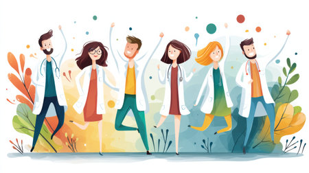 Cheerful healthcare team members unite in celebration, showcasing collaboration and community spirit in their work.の素材