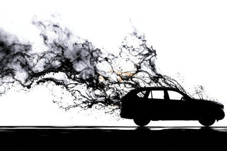 A striking silhouette of a car created from flowing black oil, symbolizing speed and innovation in an artistic representation of automotive design.の素材