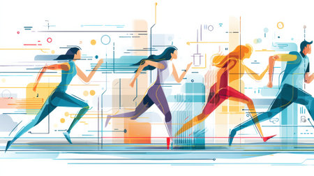 Illustration features abstract human runners in motion on a running track, depicting an energetic workout with a minimalistic style and vibrant colors.の素材
