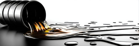 A black barrel tilts to spill oil in an artistic manner, creating a striking contrast against a glossy white background that enhances fluidity and texture.の素材