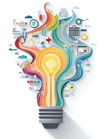 Lightbulb design filled with healthcare-related icons and colorful pastel waves symbolizes creativity and innovation in the healthcare industry.の素材