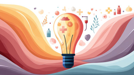 Symbols representing healthcare, such as medicine and wellness, fill a lightbulb while vibrant pastel waves create a soft and dynamic background atmosphere.の素材