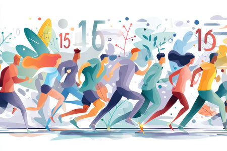 A lively race features various runners displaying cheerful energy as they sprint forward, numbers displayed prominently. The background is colorful and dynamic.の素材