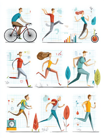 Bright and fun illustrations depict individuals biking, running, and jumping, all enjoying an active lifestyle on a vibrant grid design.の素材