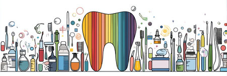 A colorful rainbow tooth and dental tools highlight the importance of good oral hygiene routines.の素材