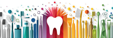 Brightly colored tooth icon takes center stage surrounded by various dental hygiene tools portraying the importance of oral care and health awareness.の素材