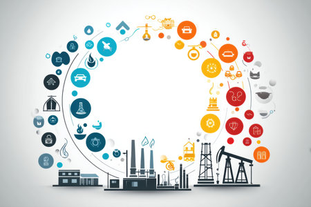 Circular arrangement of decorative petroleum icons illustrates various industrial themes including energy production, transportation, and environmental elementsの素材