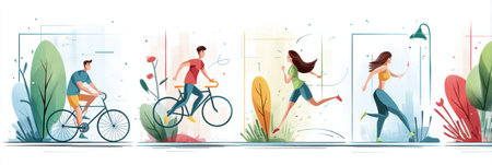 Dynamic representations of individuals engaging in biking, running, and jumping, surrounded by colorful greenery and a bright grid design.の素材