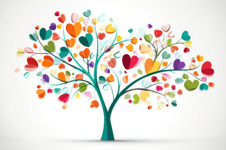 Colorful hearts shape the leaves on this abstract health tree, with vitamin ornaments decorating its branches, symbolizing growth and wellness.の素材