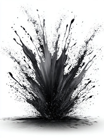 A vibrant explosion of black paint simulates an oil burst, showcasing dynamic movement against a clean white backdrop during an artistic expression.の素材