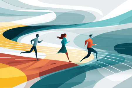 Abstract illustration captures a running track where human figures dash forward amidst curved lines and vibrant colors, suggesting motion and vitality.の素材