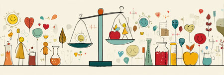 Colorful health scale with icons symbolizing joy and vitality balances happiness, nature, and nutrition, promoting a vibrant lifestyle focus.の素材