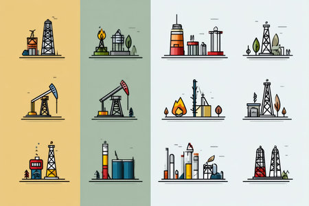 Collection of simplistic icons depicting different faces of the oil industry, featuring rigs, pumps, and storage tanks, all arranged on a pastel background.の素材