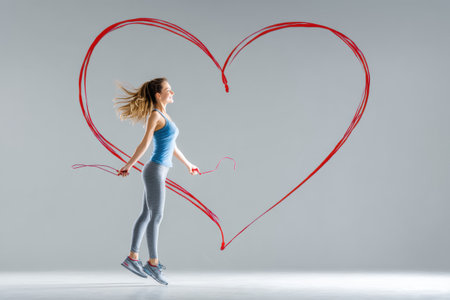 A person energetically jumps rope, creating a vibrant heart shape in mid air. The workout takes place in a bright gym studio, showing fitness enthusiasm.の素材