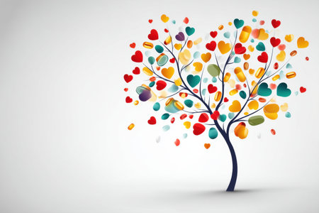 Colorful tree design with hearts as leaves and vitamins lining the branches symbolizes the importance of love and health in human life and wellness practices.の素材