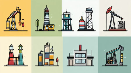 This collection showcases a range of icons representing the oil industry, featuring drilling rigs, refineries, and towers displayed on soft pastel backgrounds.の素材