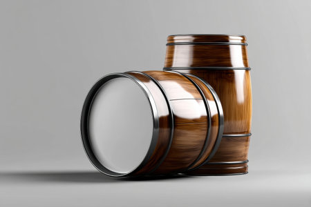 A glossy wooden barrel with a polished surface and pristine label rests against a subtle background, showing its craftsmanship.の素材