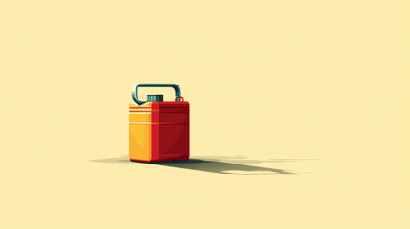 A gasoline can stand prominently against a clean, minimal background, casting a flat shadow that enhances its vivid colors and simplicity.の素材