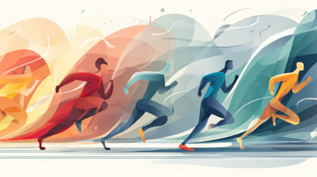 Abstract human figures representing runners move swiftly along a track, showing various colors and fluid shapes, embodying the essence of speed and vitality.の素材