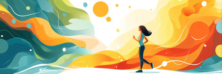 A happy woman jogs confidently under the warm sun with an abstract, colorful backdrop, embodying health and energetic living during the day.の素材