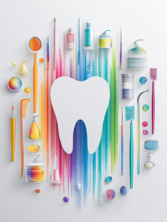Brightly colored tooth icon is surrounded by various dental hygiene tools, emphasizing the importance of oral care in a vibrant and artistic way.の素材