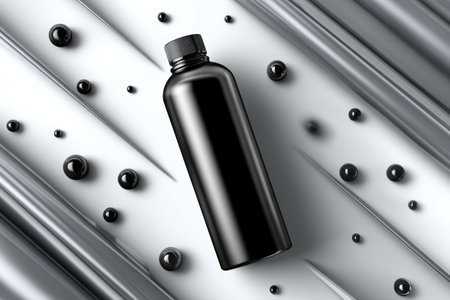 A black crude oil bottle mockup is placed on a glossy surface, surrounded by black droplets that emphasize its sleek industrial design and aesthetics.の素材