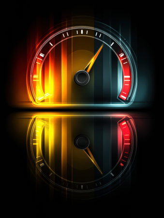Glowing fuel gauge displays critical levels with vibrant colors and a sleek design, showcasing reflections on a polished surface in a dark setting.の素材