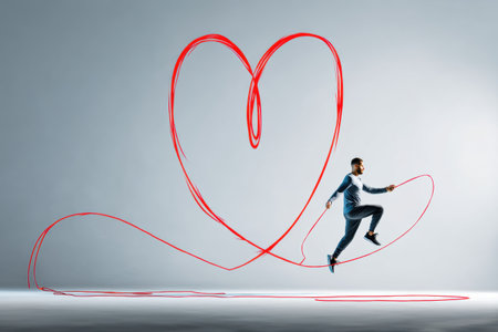 A person jumps rope energetically, forming a heart shape with the rope mid-air, showcasing fitness and joy in a contemporary gym environmentの素材