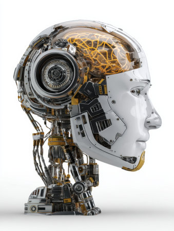 Showcasing a detailed AI robot head with a transparent section revealing the digital brain engine, emphasizing advanced technology and design elements.の素材
