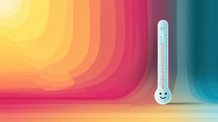 A digital thermometer with a smiling face stands proudly on a colorful gradient backdrop, radiating warmth and positivity in a home setting.の素材