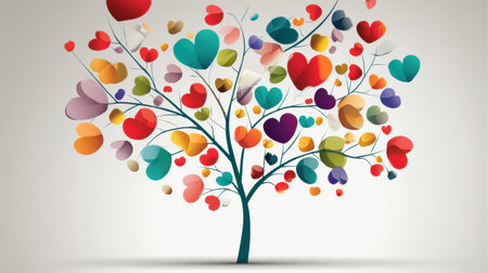 An abstract representation of health featuring a tree adorned with heart-shaped leaves and branches decorated with vitamins, symbolizing vitality and wellness.の素材