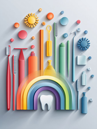 Colorful dental tools, like toothbrushes and floss, frame a rainbow tooth icon, emphasizing the importance of healthy, clean teeth.の素材