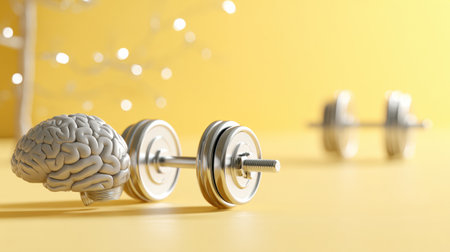 A cheerful yellow backdrop features a brain lifting dumbbells, creatively highlighting the importance of mental fitness training.の素材