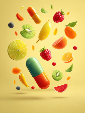 A collection of fruits spins around a vitamin capsule, showcasing a lively burst of color and freshness against a bright background.の素材