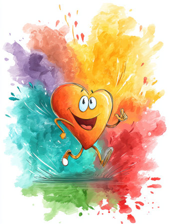 A cheerful heart character dashes through a swirl of colorful mist, radiating happiness in a lively atmosphere filled with bright shades.の素材