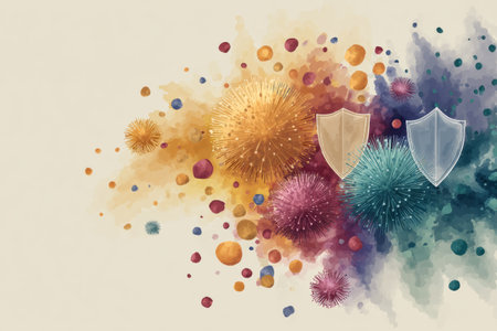 Colorful abstract representation illustrates a robust immune system featuring shield shapes amidst vibrant pathogen symbols, emphasizing health and protection.の素材