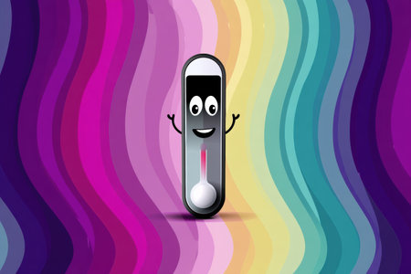 A cheerful digital thermometer character features a smiling face while showing vibrant colors on a dynamic gradient backdrop, promoting a sense of fun.の素材