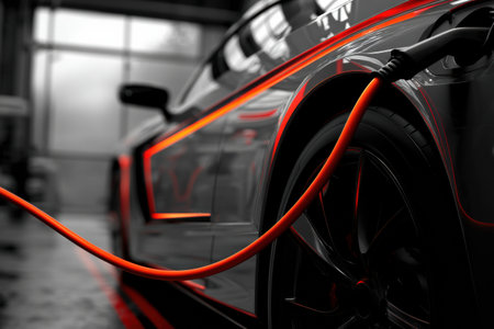 A vivid fuel line attached to a modern sports car, showing impressive curves and design inside a well-lit garage environment.の素材