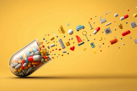 A capsule releases a variety of tiny wellness icons, including medicine and health symbols, creating a lively visual effect against a bright backdrop.の素材