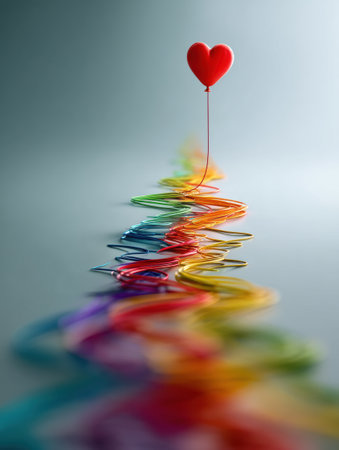 A vibrant heart balloon ascends gracefully along a twisting rainbow trail, evoking feelings of joy and freedom in a whimsical atmosphere.の素材