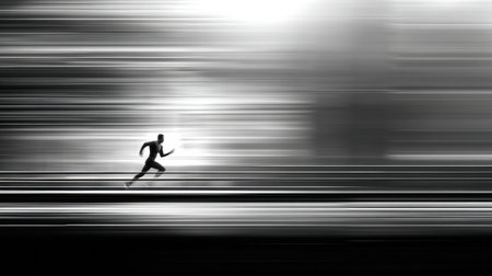 A fast runner moves swiftly through a blurred landscape, showing the energy and intensity of the moment in a striking monochrome composition.の素材